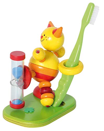 Hess Holzspielzeug 14521 - Zahnputzuhr aus Holz für Kinder, Serie Katze, inkl. Zahnbürstenhalter und drehbarer Sanduhr, handgefertigt, zur täglichen Nutzung beim Zähneputzen