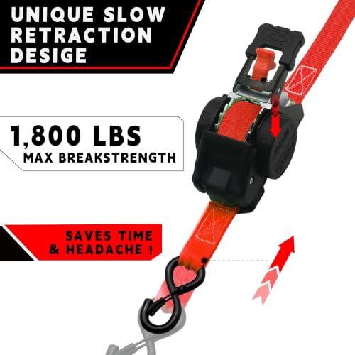 Image of Retractable Ratchet Straps (2-Pack) - Heavy Duty Auto Retraction Tie Down Straps - 1 Inch x 13 Feet (1,800lb Break Strength) - with Safety Lock S Hooks for Motorcycle, Truck Securing Cargo, Car