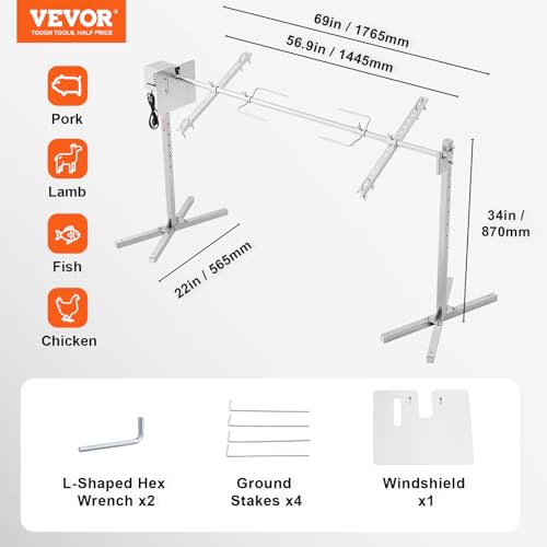 VEVOR Electric BBQ Rotisserie Grill Kit, 56 Inch 132 lbs Capacity, Automatic 52W Motor Height Adjustable Universal Roaster Stand, Stainless Steel Grilling Kit, Spit Rod with Heat Shield for Pig Lamb