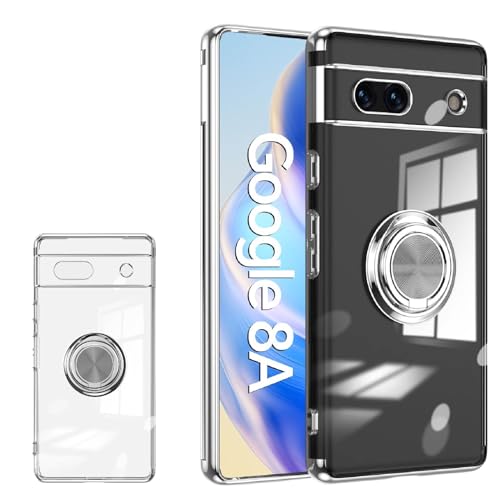 Google Pixel 8A 用 ケース ソフトケース リング付 車載ホルダー用 360°回転 スタンド機能 TPU クリア 耐衝撃 衝撃吸収 ケース カバー 保護ケース サイドメッキ加工 クリアケース スマホケース スマホカバー シルバー 互換性あり