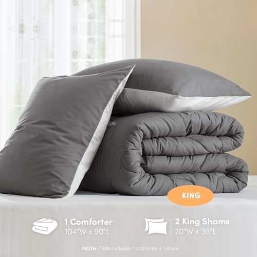 Image of Comfort Spaces Comforter Set Vibrant Reversible Comforters King Size Quilted Bedding Set, All Season Lightweight Bedding, Soft Microfiber Comforter, Vixie, Grey /Light Grey King 3 Piece