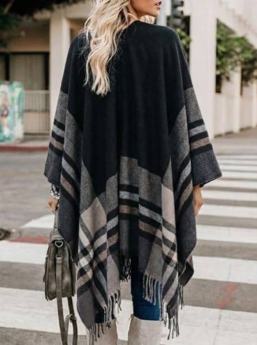 Image of Bestshe Women's Boho Open Front Poncho Plaid Shawl Wrap Cape | Tassel Cardigan Sweater, Cozy Layering, Fall Winter Clothes for Women