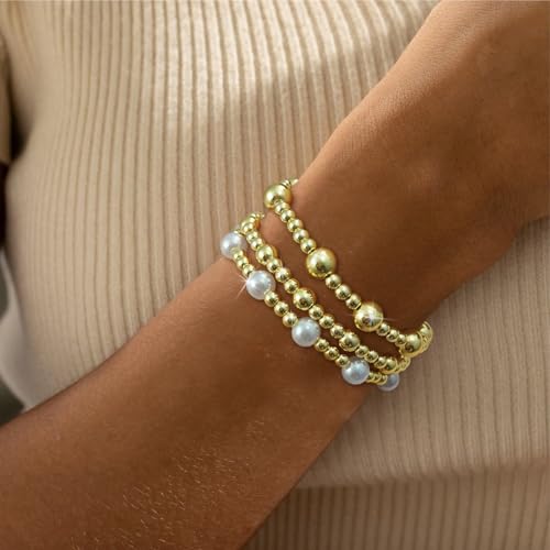 BOMAIL 10pcs Gold Beaded Bracelets for Women - Non Tarnish 14K Gold Plated Stackable Pearl Cross Dainty Gold Bracelets - Trendy Jewelry3