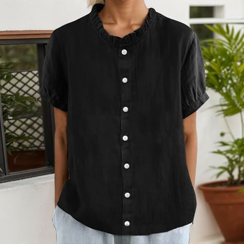 Cotton Linen Shirts for Women 2025 Summer Casual Button 3/4 Sleeve Tops Solid Crewneck Blouses Tunic4