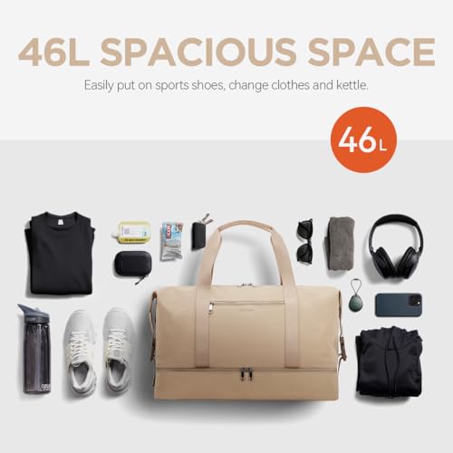 Image of Oeihuivt Weekender Bags for Women - 21 Inch Large Travel Duffel Bag with Shoe Compartment, Heavy-Duty Canvas Leather Carry On Overnight Tote, Khaik-1A, 21, Weekend Trip