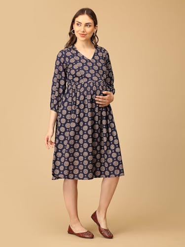 Image of The Mom Store Maternity and Nursing Dress | Pre and Post Pregnancy Dress for Womens | Zipper /Button Opening | Causal Wear | Trendy Stylish Causal Dresses for New Moms