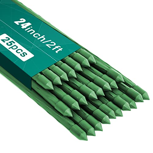 FEED GARDEN Garden Stakes 24 Inch 2ft 25 Pack Sturdy Plant Metal Sticks Support Plastic Coated Plant Stakes Tomato Stakes Beans Trees