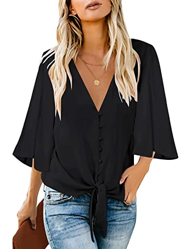 Roskiky Damen Bluse Chiffon Elegant V-Ausschnitt Bell Sleeve Fledermausärmel Oberteile Hemd Loose Tops mit 3 4 Arm Schwarz Large
