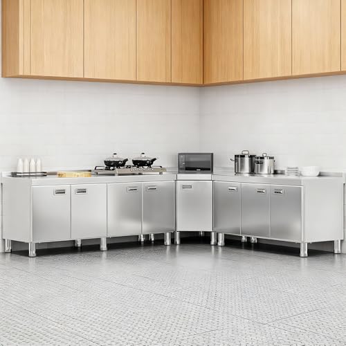 Image of KINGBO Stainless Steel Corner Cabinet Heavy Duty Prep Table with 304 Stainless Steel Worktop Commercial Worktable Workbench with Storage Cabinet for Kitchen Garage Restaurant Outdoor