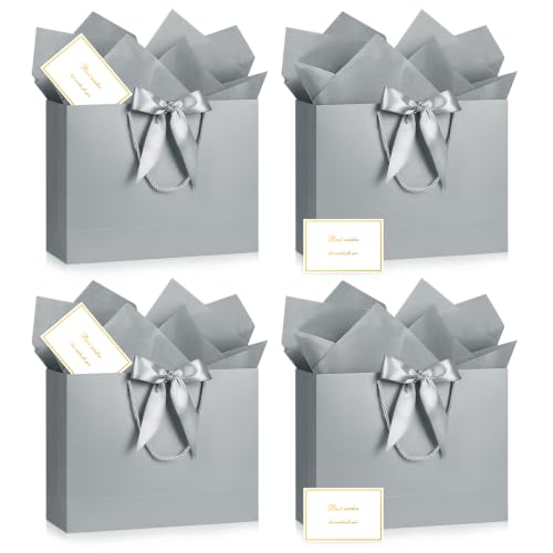 Image of JMANNI Gift Bags with Handles, 13 inch Medium Gift Bag for Presents,4 Pcs Bags with 8 Tissue Paper and 4 Cards for Graduation Baby Shower Wedding Fathers Day Mother's Day Birthday Party(Silver)