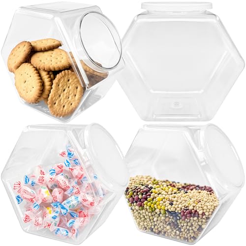 Woozettn 4 Pcs Plastic Candy Jars,71 Oz Clear Plastic Cookie Jars,Hexagonal Candy Containers with Lids for Kitchen,Dry Food,Candy,Dog Food,Cookies,Coffee Pod,Laundry Pod