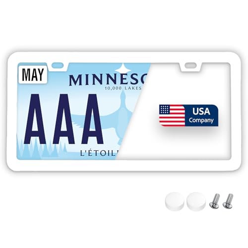 Image of Premium Slim Gloss White License Plate Frame - 1 Piece, Rust-Free Stainless Steel & Rattle-Free, Street Legal, Universal with Screw Caps, Thin Edged Metal Front or Rear Car Tag Holder Unisex