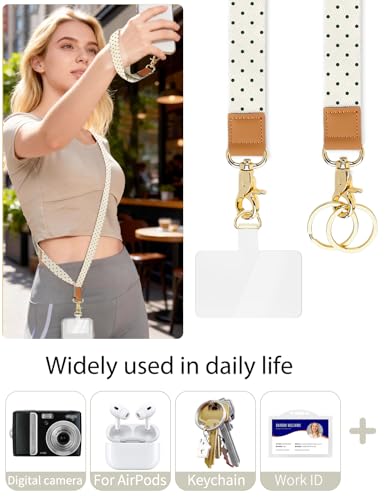Knagsfa Phone Lanyard Crossbody Strap, Adjustable Neck Strap and Wristlet Strap for Phone Wallet ID Badge, Around the Neck Wristlet Shoulder Wrist Keychain with 2 Phone Tabs, Beige Polka Dots - image 4