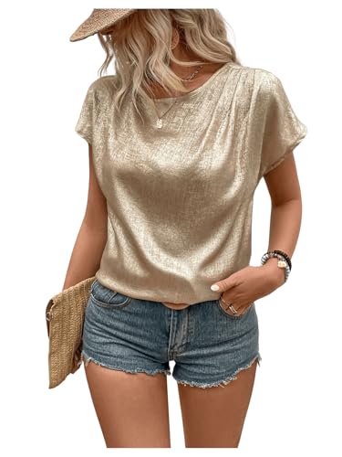 MakeMeChic Women's Elegant Metallic Tops Short Sleeve Round Neck Blouses4