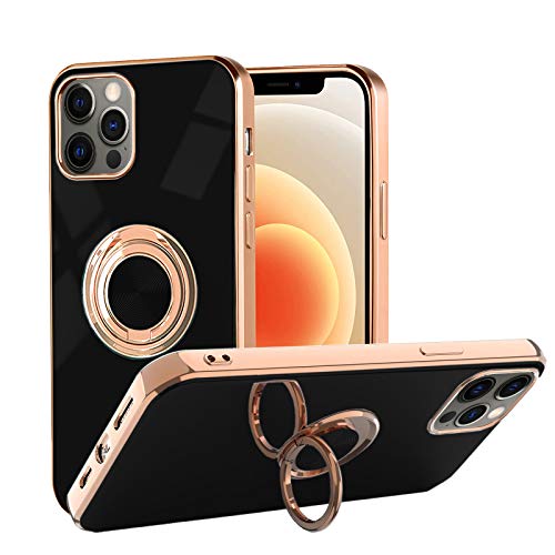 Weixiltc Design for iPhone 12 Pro Max Case 6.7 in 2020, Soft Silicone TPU Edge Plating 360 Degree Rotation Ring Holder Kickstand Protective Anti-Scratch Cover Work with Magnetic Car Mount Black
