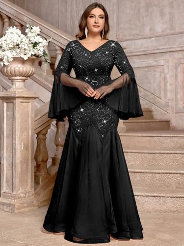 MISSMAY Women's Plus Size Sequins Lace V Neck Sheer Long Sleeves Tulle Mermaid Hem Formal Evening Party Dresses3