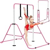 OZE SPORTS Kids Gymnastics Bar Kip Trainer with Rings – Adjustable Height, Sturdy & Safe Training Horizontal Bar for Home Practice, Foldable Gymnastics Equipment for Boys & Girls (Pink)