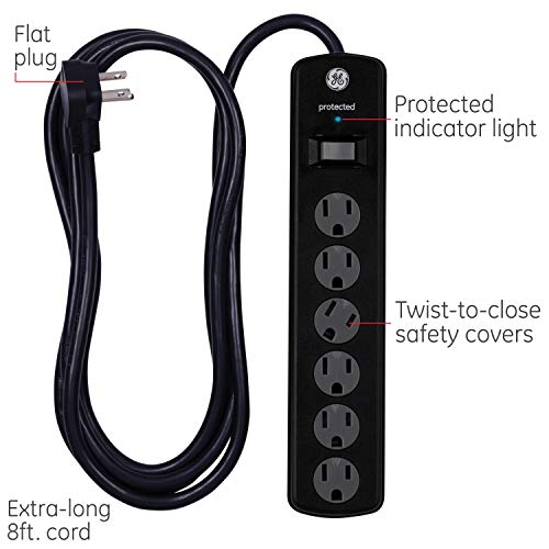Image of GE Surge Protector Power Strip, 8 Ft Extension Cord, 6 Outlet Extender, 800 Joules, Flat Plug, Twist-to-Close Safety Covers, UL Listed, Black, 54643 2 Count (Pack of 12)