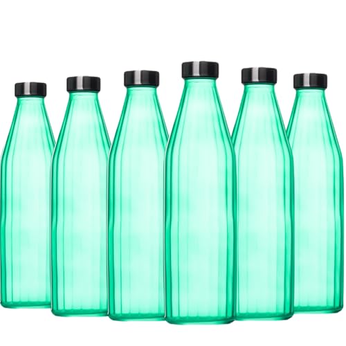 Image of SAND DUNE TorquiseColour Glass water bottle, 800 ml Each, Set of 6, with Leak-Proof Airtight Stainless-Steel Lid for Water, Smoothie, Juices - Reusable Travel Glass Drinking Fridge Bottles