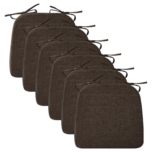 Ruqmuis Chair Cushions for Dining Chairs, 2" Thick Seat Cushions for Kitchen Chairs, D-Shaped Chair Pads with Washable Cover, Ties and Non Slip Backing, 17'' x 16'', Set of 6, Brown