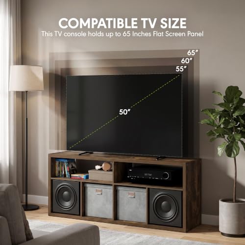 Image of Furinno Viola 6-Shelf TV Stand for TV up to 65 Inch, Amber Pine