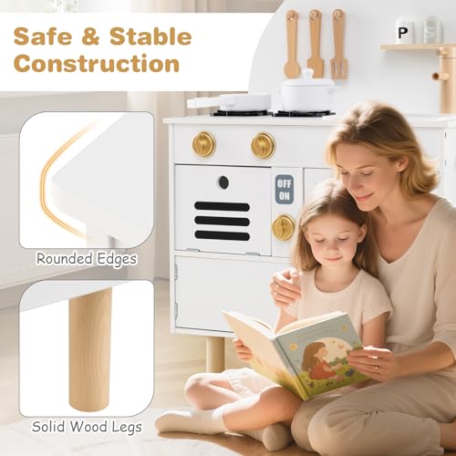 Costzon Kids Kitchen Playset, Little Chef Pretend Play Kitchen w/Stoves, Faucet, Sink, Microwave, Cabinet, Oven & Cooking Accessories, Wooden Play Kitchen for Kids 3+ Years Old (White) - Image 3