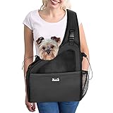 SlowTon Pet Dog Sling Carrier, Hands Free Hard Bottom Papoose Small Animal Puppy Up to 11 lbs Travel Bag Tote Breathable Mesh Support Adjustable Padded Strap Pocket Safety Belt Machine Washable