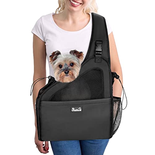 SlowTon Pet Dog Sling Carrier, Hands Free Hard Bottom Papoose Small Animal Puppy Up to 11 lbs Travel Bag Tote Breathable Mesh Support Adjustable Padded Strap Pocket Safety Belt Machine Washable