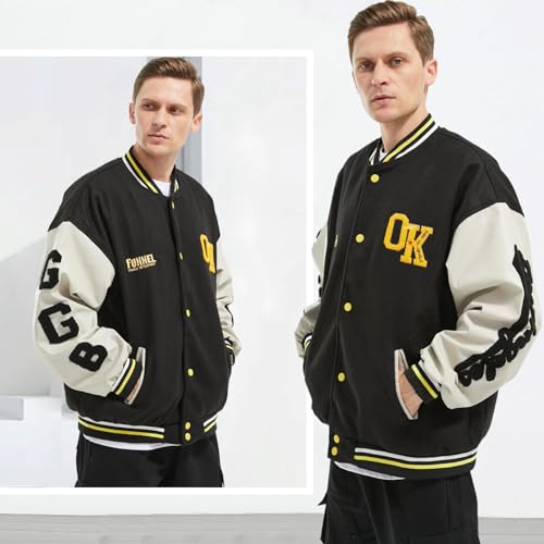 Image of Mens Varsity Jacket Baseball Bomber Jacket Vintage Unisex Streetwear Coats with Patchwork Hipster Utility Tops