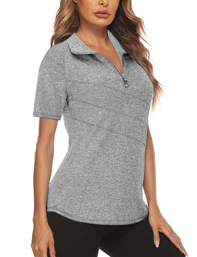 Womens Athletic Tops,Cucuchy Fitness Workout Shirts Activewear Cute Gym Clothes Crafted Round Neckline Raglan Short Sleeve Top Breathable Thin Smooth Clothing Yoga Golf Exercise Sportwear Gray XL