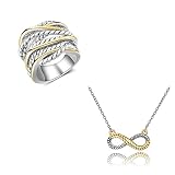 Aprilery Two-Tone Statement Rings Infinity Necklace Cocktail Wide Cable Design Rings and Pendant Nec