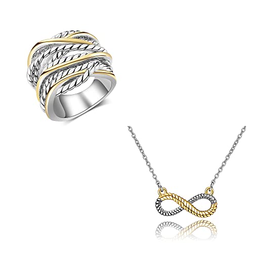 Aprilery Two-Tone Statement Rings Infinity Necklace Cocktail Wide Cable Design Rings And Pendant Necklace For Women And Girls #TOP14