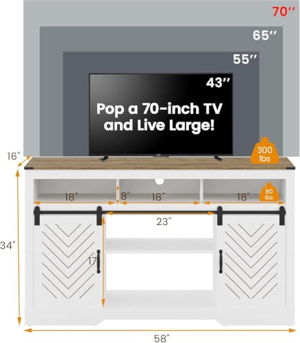 Image of RoyalCraft Farmhouse TV Stand for 23 inch Electric Fireplace, Tall Entertainment Center for 65+ Inch TV, 34 inch Tall Rustic TV Console with Sliding Bar Door for Living Room, Wood-Tone and White