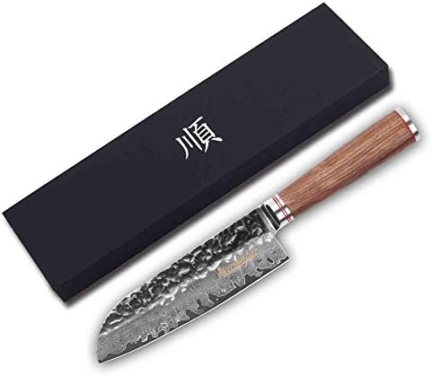 YOUSUNLONG Santoku 7 inch Pro Chef's Knives Japanese VG10 Hammered Damascus Steel Natural Walnut Wooden Handle with Leather Sheath