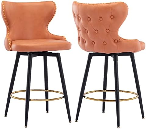 Counter Height Bar Stools Set of 2, 180°Swivel Bar Stools with Back and Nailhead Trim,25 inch Leathaire Fabric Counter Stool, Upholstered Barstools for Kitchen Island, Home Bar, Pub,Orange
