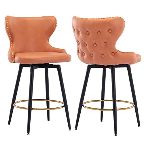 Counter Height Bar Stools Set Of 2, 180°Swivel Bar Stools With Back And Nailhead Trim,25 Inch Leathaire Fabric Counter Stool, Upholstered Barstools For Kitchen Island, Home Bar, Pub,Orange #TOP1