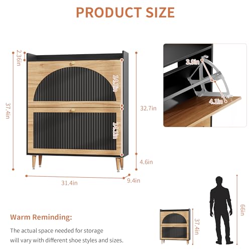 Image of Shoe Storage Cabinet with 2 Flip Drawers, Shoe Organizer Storage with Adjustable Shelves, Freestanding Hidden Slim Narrow Shoe Rack Cabinet for Entryway, Foyer, Hallway, Living Room