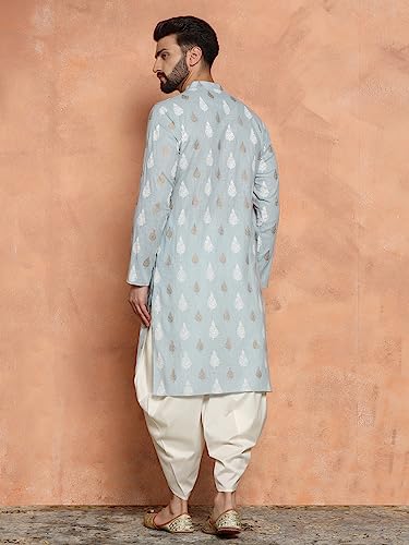 Image of KISAH Men Cotton, Full Sleaves, Knee Length, Straight, Regular Fit, Mandarin Collar Ethnic wear, Sky Blue, 40