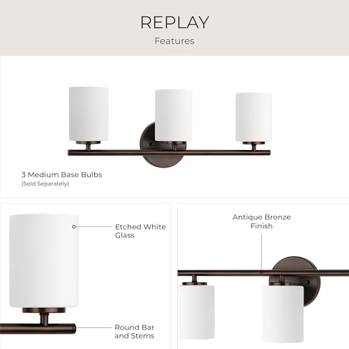 Image of Progress Lighting Replay Collection 3 Light Bathroom Vanity Light, Modern Bath Lighting Fixture with Etched White Glass Shades for Over the Mirror, Reversible Mounting, Antique Bronze