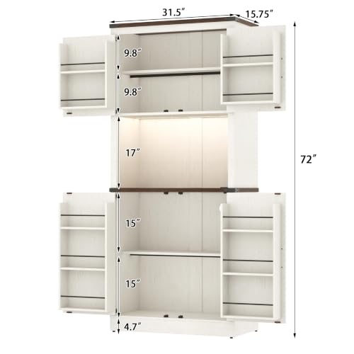 Image of 72 inch Tall Farmhouse Kitchen Pantry Cabinet with LED Light and Power Outlet,Modern Farmhouse Kitchen Storage Cabinet w Load-Bearing Steel Pipe,Barn Doors, Organizer,Food Pantry Cabinets(2PC White)