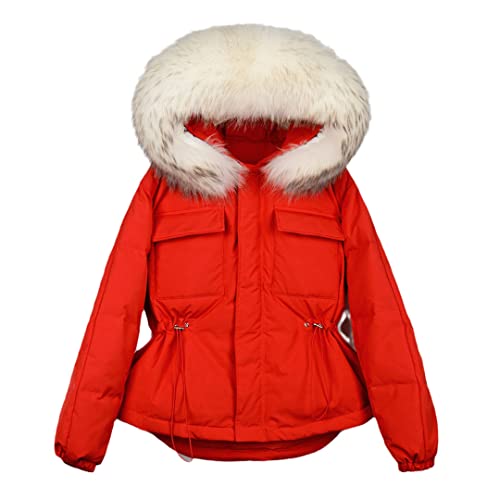 Doudoune courte femme avec capuche en fourrure et 90% duvet de canard imperméable Red Fur1 S