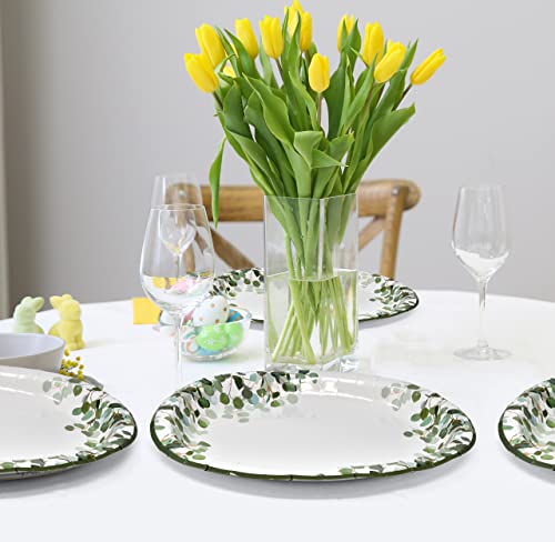 50 Count Eucalyptus Greenery Oval Paper Plates 10" X 12" Large Disposable Platters Party Goods Set Green Leaves Floral Design Serving Dish Tray For Spring Dinner Wedding Party Tableware Supplies Decor #TOP2