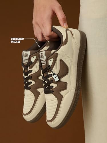 Image of The Souled Store Kanso V2: Beige Women and Girls Low Top Sneakers | Beige & Dark Brown Premium Suede Trainer with Cushioned Insole, Padded Ankle Support & Durable Outsole