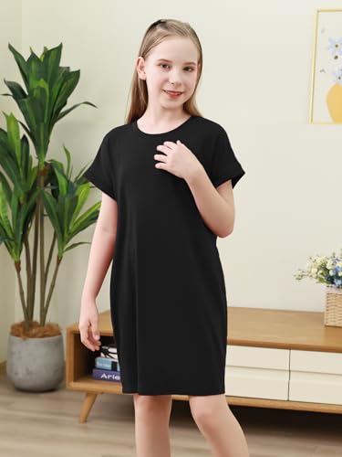 GORLYA Girls Short Sleeve A-Line Loose Casual Shift Swing Summer T-Shirt Dress with Pockets 6-16Y3