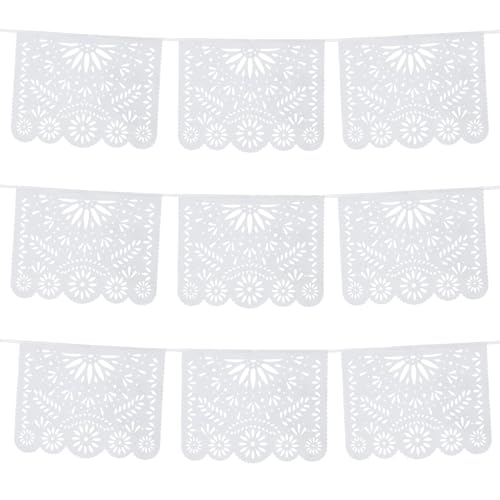 MARFOREVER 15 Ft White Papel Picado Banner Cinco De Mayo Plastic Mexican Flag Banner Fiesta Party Decoration Mexico Wedding Decor Baby Shower Dia de Los Muertos Cielito Lindo Theme Decor Supplies