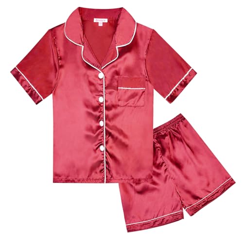 QPANCY Satin Kid Pajamas Christmas Big Girls Silk Pjs Set Boys Sleepwear Button-up Lounge Sets Wine Red Short Sleeve Nightwear Size 10 11