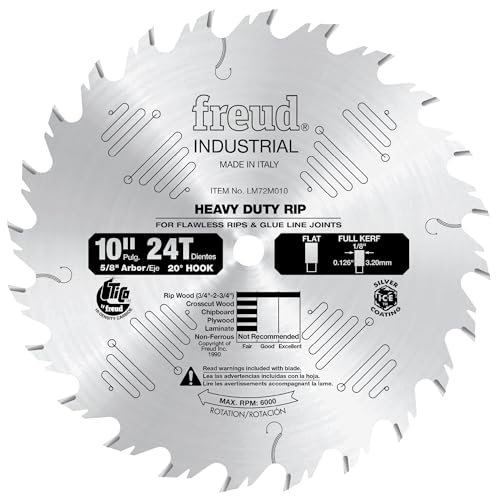 Freud Heavy-Duty Rip Saw Blade with Premium Tico Hi-Density Carbide Ripping Blend for Maximum Performance - 10' Diameter, 24 Teeth, 5/8' Arbor, .126' Kerf - LM72M010