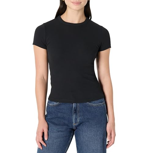 Amazon Essentials Damen (Demis Favorit) Slim-Fit-T-Shirt Elastischer Rippstrick Kurze Ärmel, Schwarz, M