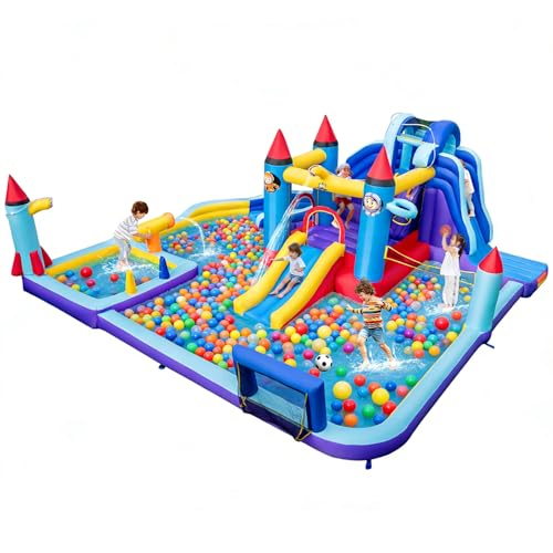 BOUNTECH Inflatable Water Slide Park, 10-in-1 Mega Kids Water Slide Jump Castle w/Huge Splash Pool, Dual Slides, Football Gate, Blow Up Water Bounce House for Big Kids Outdoor Backyard Party Gifts