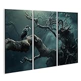 islandburner Bild auf Leinwand Mystischer Wald mit Raben und Sonnenstrahlen für Wohnzimmer Naturfreunde Naturkostladen Bilder Wandbilder Poster